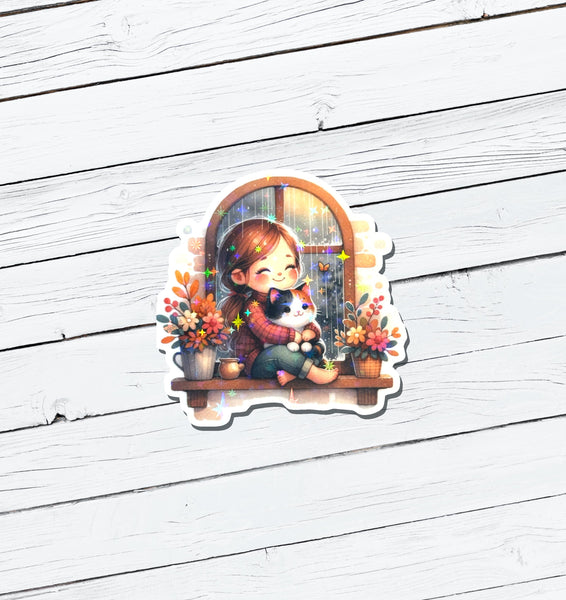 Holographic Girl With Cat Vinyl Sticker - Water Resistant