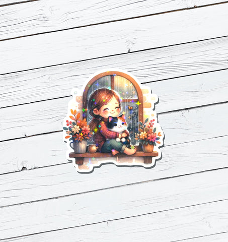 Holographic Girl With Cat Vinyl Sticker - Water Resistant