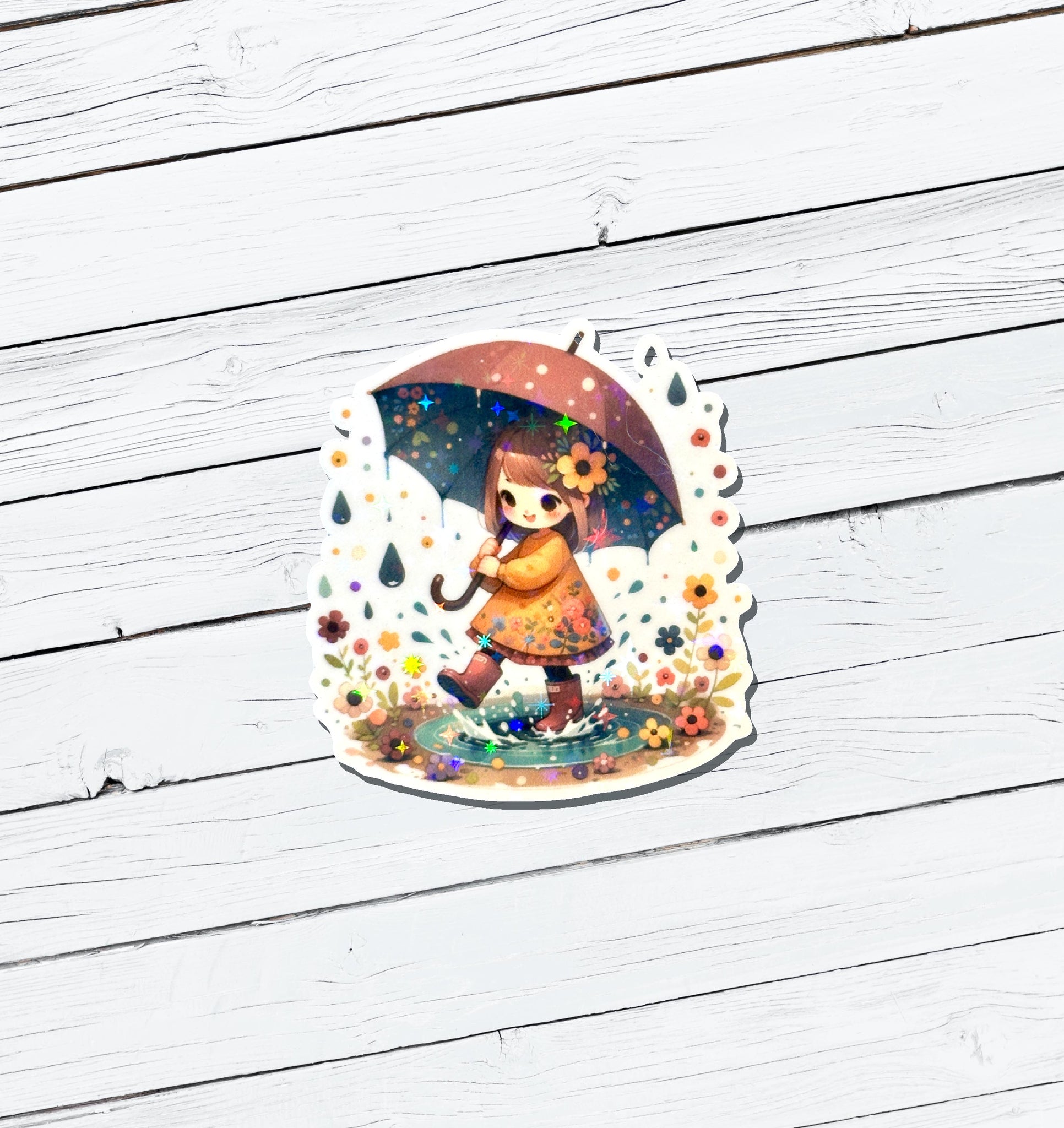 Holographic Girl With Umbrella Vinyl Sticker - Water Resistant