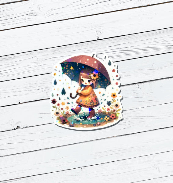 Holographic Girl With Umbrella Vinyl Sticker - Water Resistant