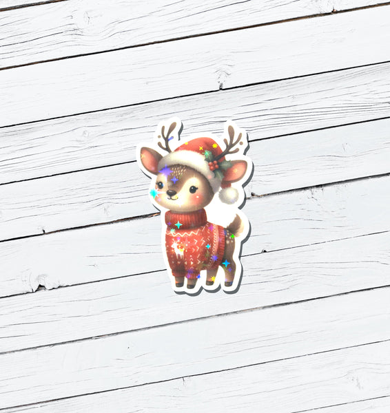 Holographic Christmas Reindeer Vinyl Sticker - Water Resistant