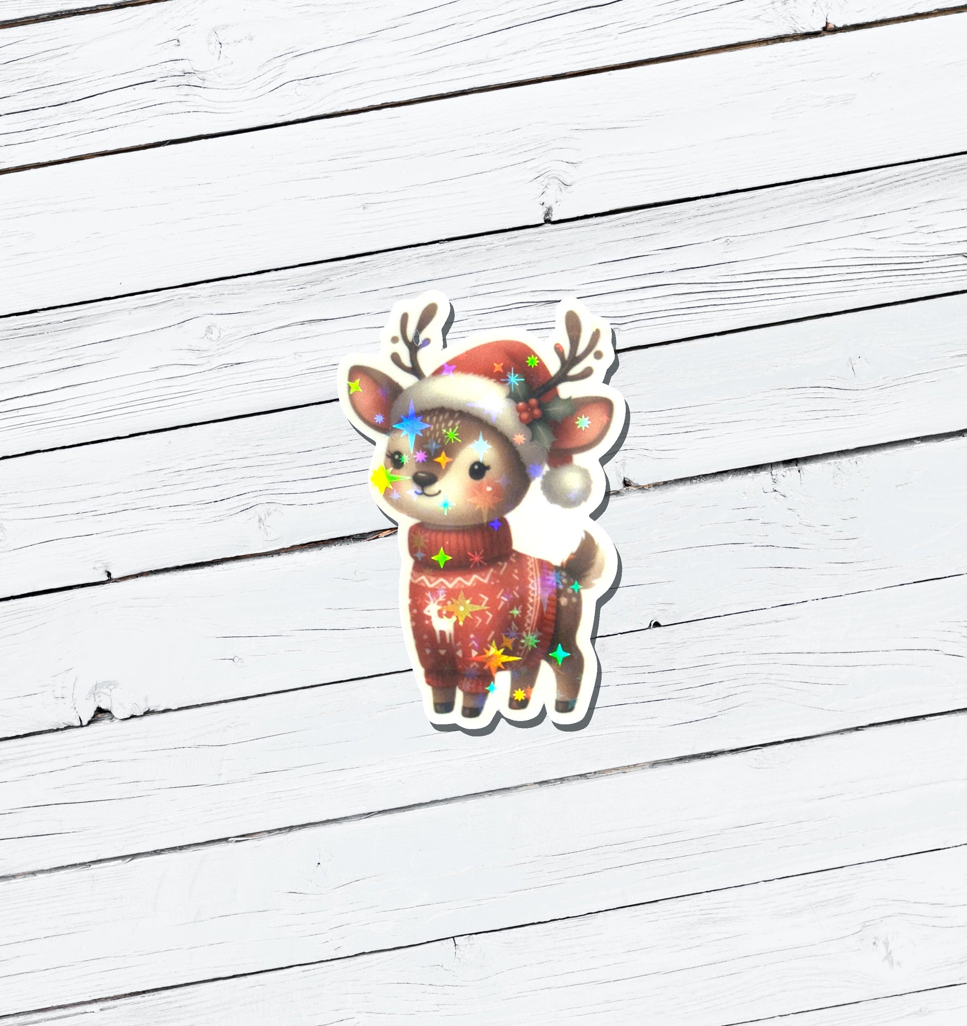 Holographic Christmas Reindeer Vinyl Sticker - Water Resistant