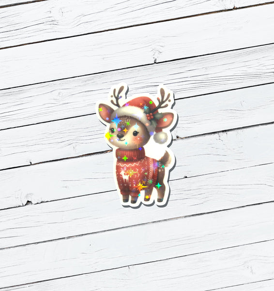 Holographic Christmas Reindeer Vinyl Sticker - Water Resistant