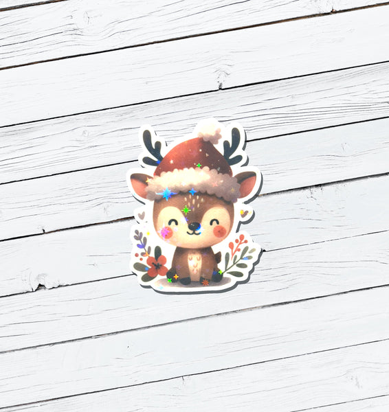 Holographic Christmas Reindeer Vinyl Sticker - Water Resistant