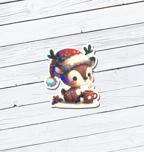 Holographic Christmas Reindeer Vinyl Sticker - Water Resistant