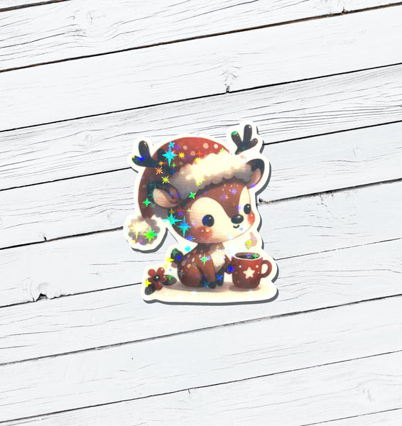 Holographic Christmas Reindeer Vinyl Sticker - Water Resistant