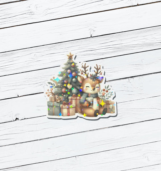 Holographic Christmas Reindeer Vinyl Sticker - Water Resistant