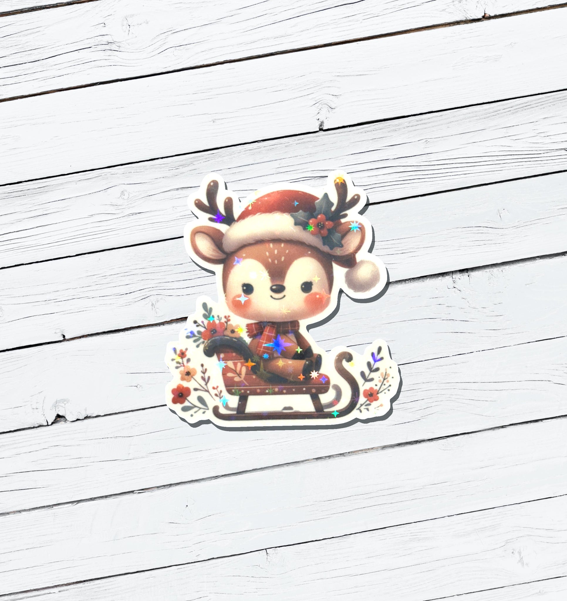 Holographic Christmas Reindeer Vinyl Sticker - Water Resistant