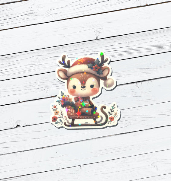 Holographic Christmas Reindeer Vinyl Sticker - Water Resistant