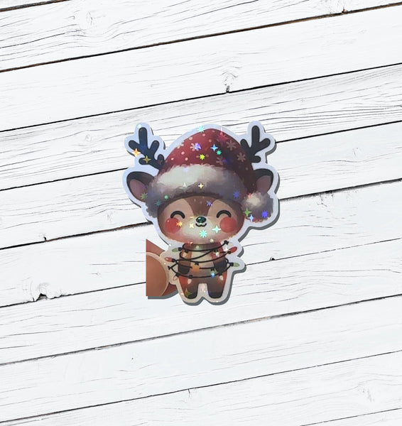 Holographic Christmas Reindeer Vinyl Sticker - Water Resistant