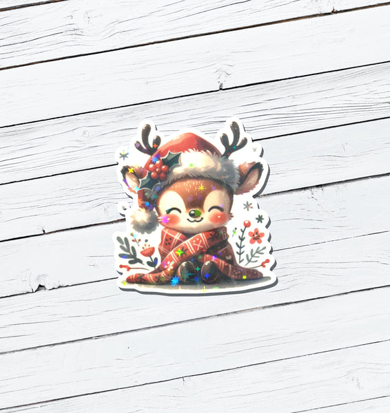 Holographic Christmas Reindeer Vinyl Sticker - Water Resistant